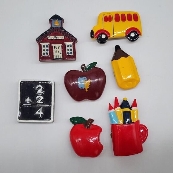 Vintage Set 7 School Teacher Apple Button Covers Books Pencil Ruler ABC Slate - Picture 1 of 3